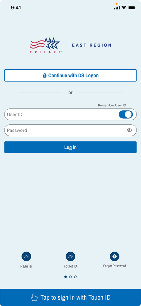 Login screen for TRICARE East app featuring DS Logon and User ID options