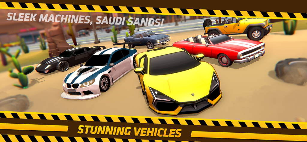 A group of sleek and stunning vehicles in a desert environment from the game Police Chase Escape Road