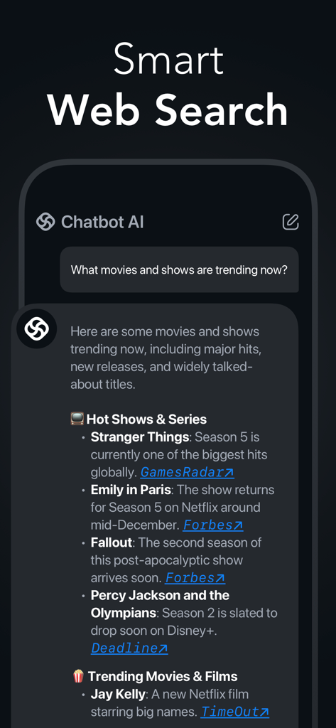Chatbot AI realizando una búsqueda web inteligente de películas y series de moda