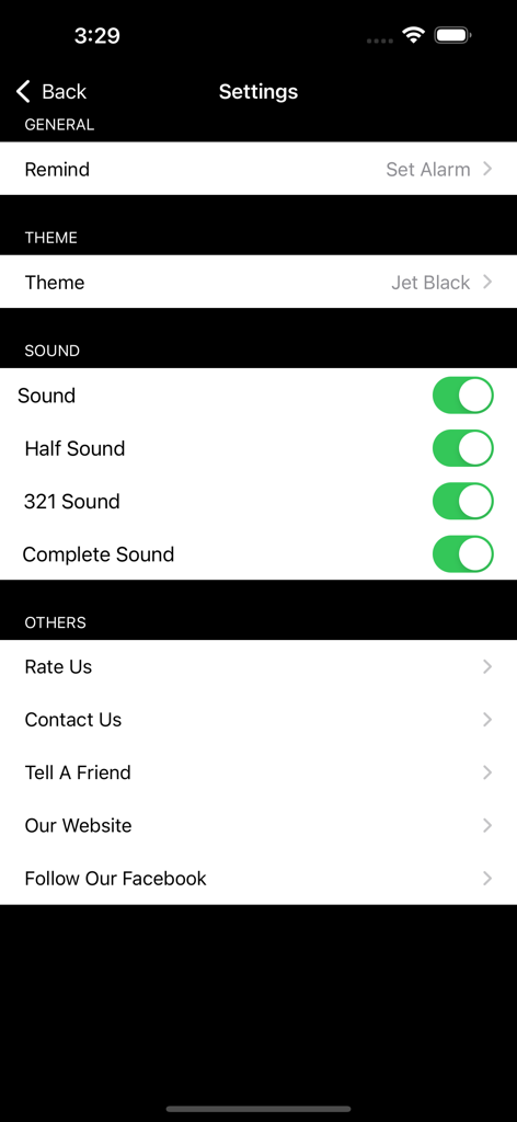 Interfaz de configuración de la aplicación HIIT Interval Timer que muestra opciones de sonido y tema