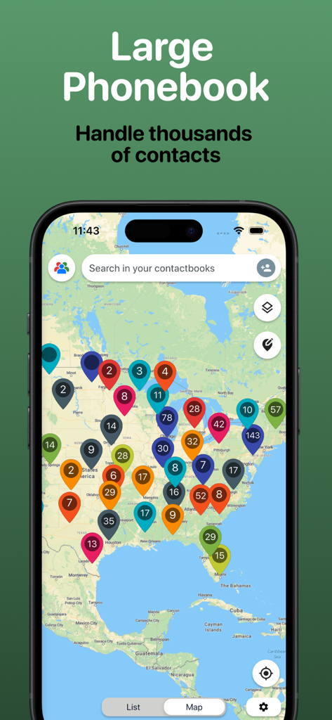 Contact Map - Address Mapping - Contact Map app showing a large phonebook with thousands of contacts organized on a map of the United States.