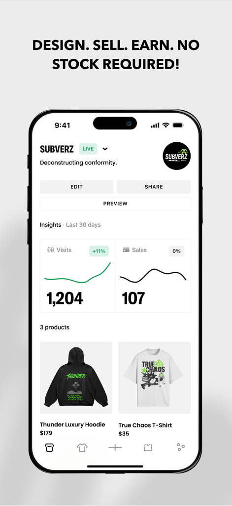 FLYP - Fashion Design Studio - Ein Dashboard der mobilen App, das Verkaufseinblicke und Produktlistings für eine individuelle Streetwear-Marke zeigt.