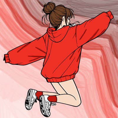 realistic girl jumping with a bun and oversized sweatshirt