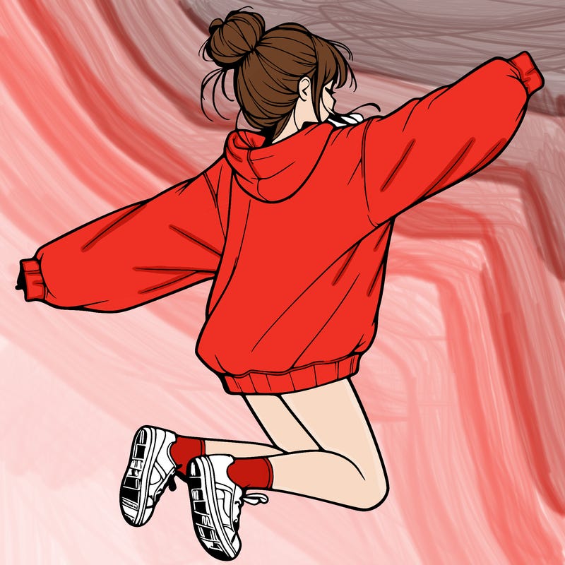 realistic girl jumping with a bun and oversized sweatshirt