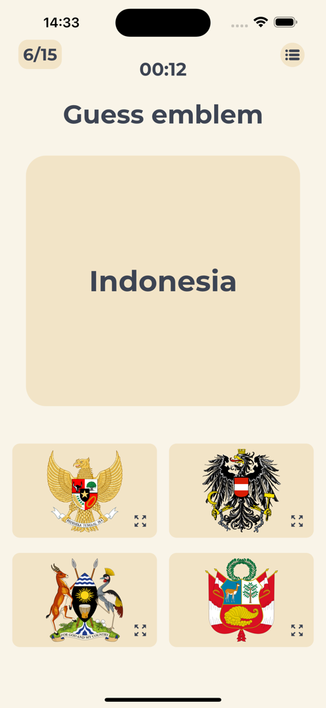 Guess the Flags - of the World - Captura de tela do aplicativo Adivinhe as Bandeiras mostrando um quiz para identificar o emblema nacional da Indonésia
