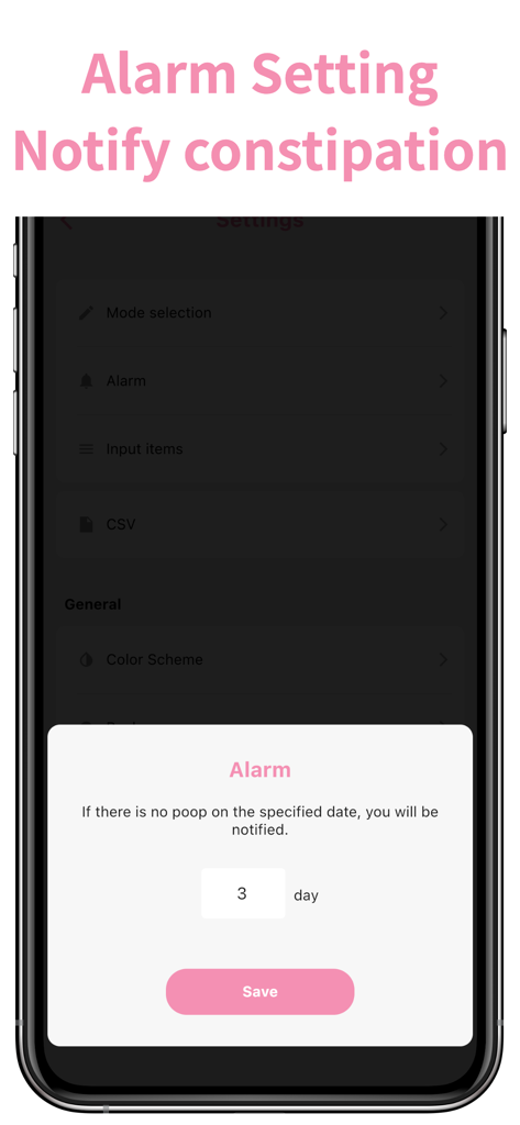 Interface of the Poop Tracker app showing a popup to set an alarm notification for constipation