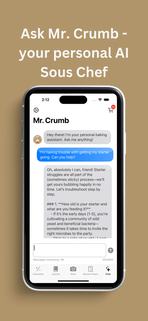 Loaflo: Sourdough Starter - Interface of Loaflo app showing Mr. Crumb an AI sous chef providing troubleshooting advice for sourdough starter in a chat window