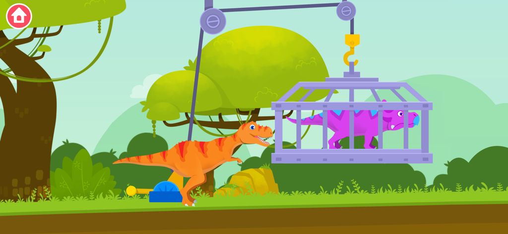 ジャングルの中で、吊るされた檻から紫色の恐竜を救出するオレンジ色のTレックス。