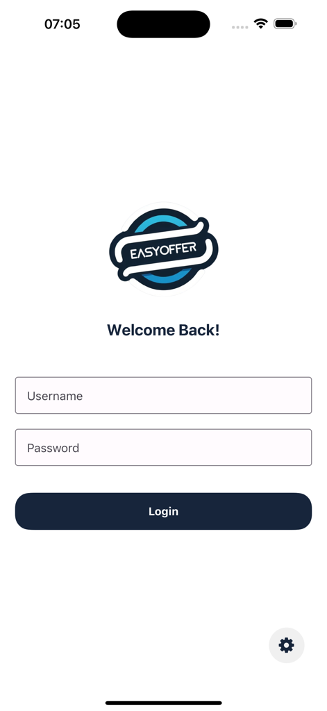 EasyOffer - Waiter App - EasyOffer Kellner-App-Anmeldebildschirm mit Anmelde- und Passwortfeldern