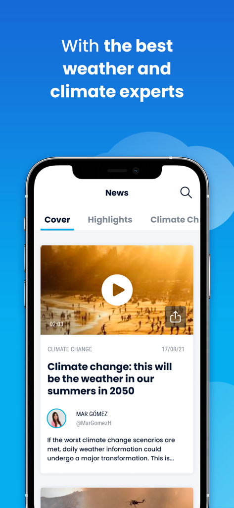 Weather&Rain: Maps & Widget - News section of the El Tiempo weather app showing climate change reports from experts.