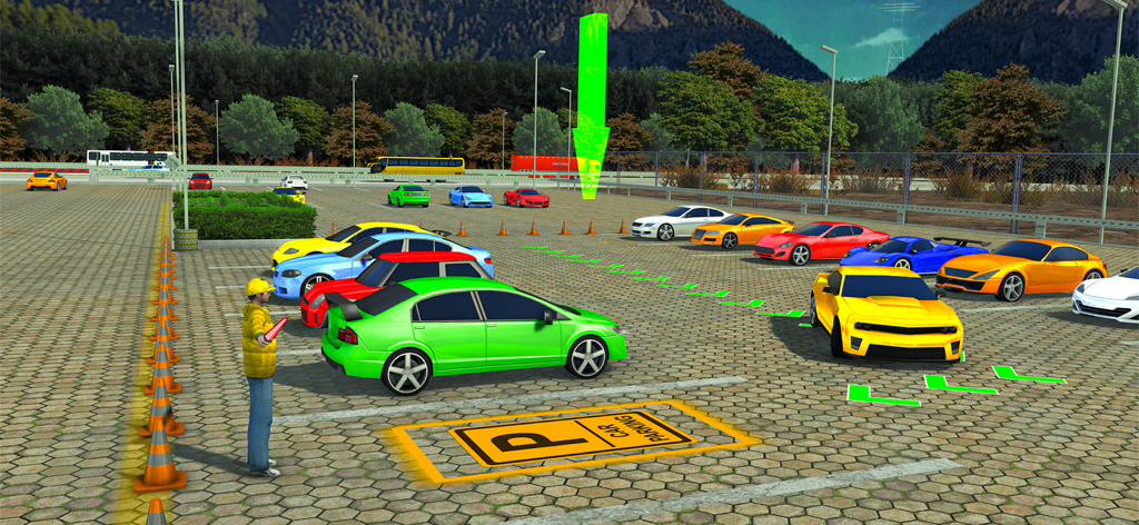 Car Parking: 3D Driving Games - Una jugabilidad de simulador de aparcamiento de coches en 3D que muestra varios coches de colores en un aparcamiento con un indicador de flecha verde.