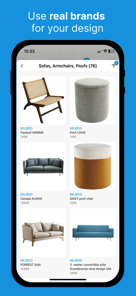 HomeByMe app interface showing a selection of sofas and armchairs from real furniture brands