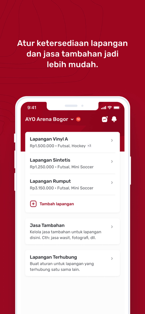 Mobile app screen of AVM showing a list of sports courts with pricing and options to add more venues.