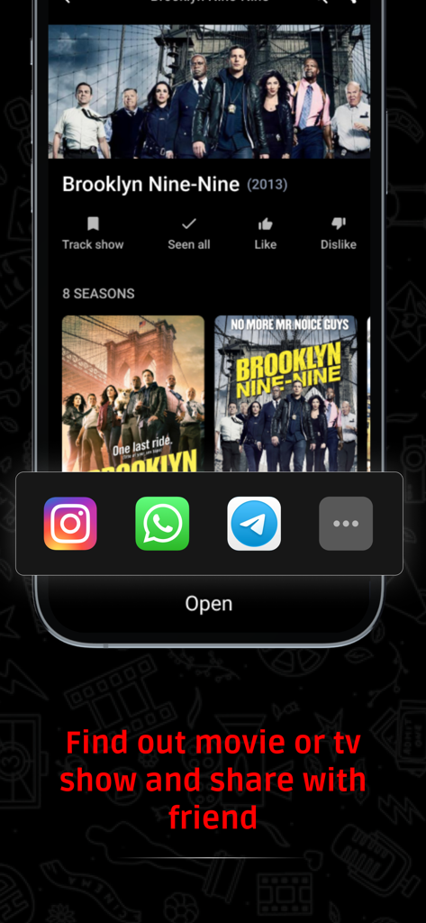 MovieX - Movie & TV Show - Pantalla de la aplicación MovieX mostrando detalles de Brooklyn Nine Nine con opciones para compartir en redes sociales