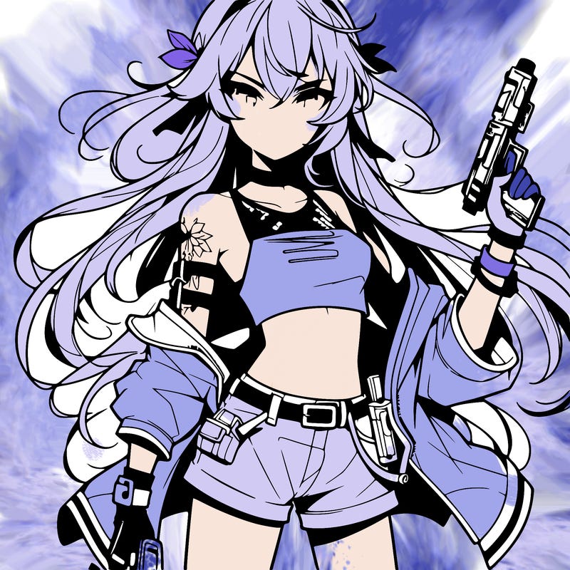 bad girl wearing crop top holding a gun long hair anime
