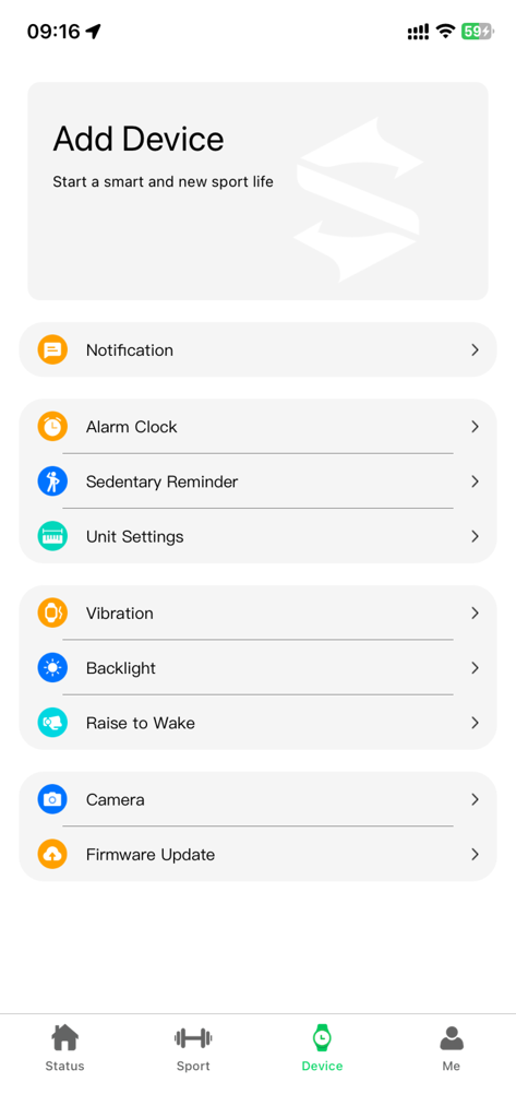 Shark Wearable - Shark Wearable app device settings menu showing notification and alarm clock options