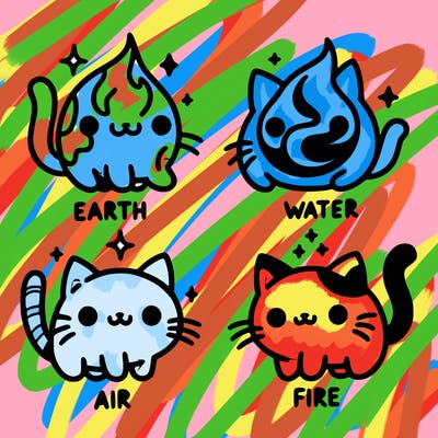 4 cats that represent the different elements, earth, water, air, and fire