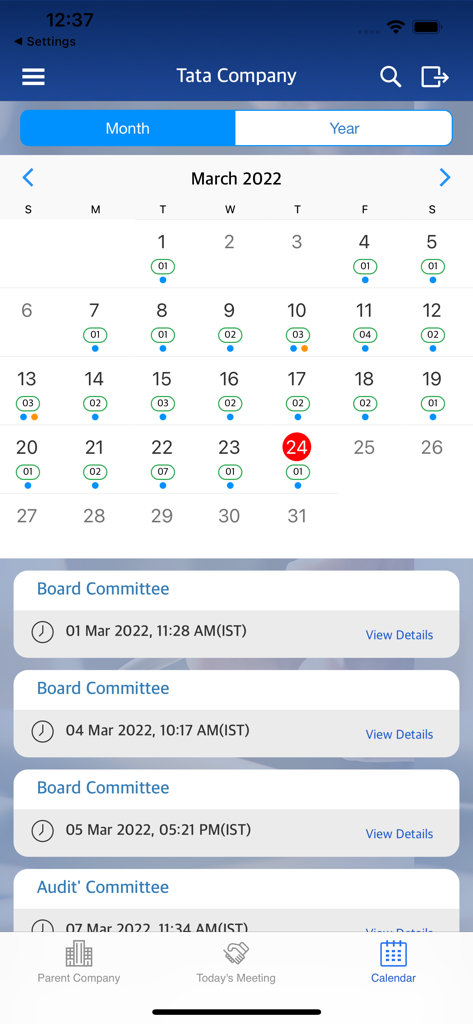 TCS Board App - TCS Board App monthly calendar view displaying scheduled board and audit committee meetings