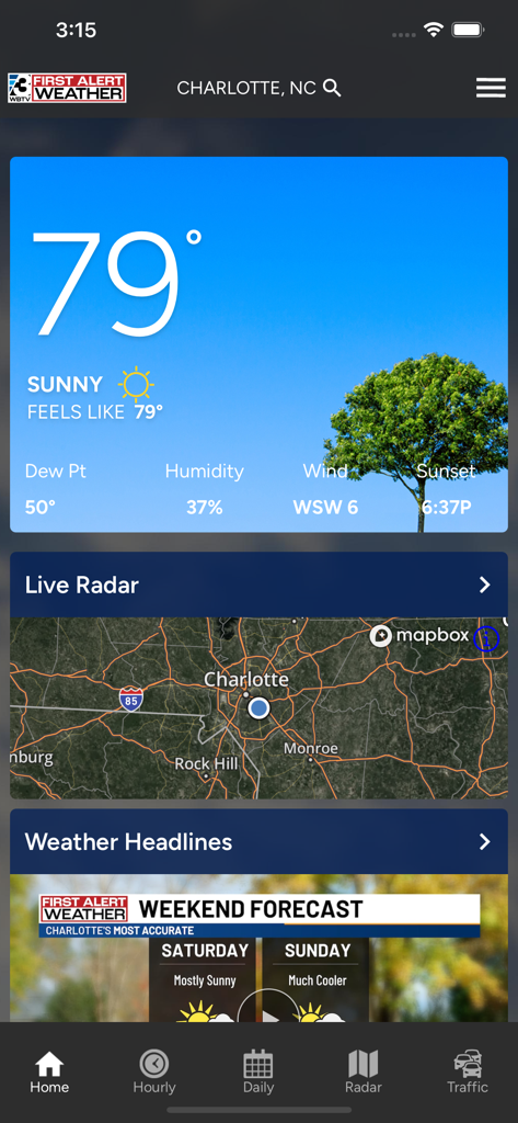 WBTV First Alert Weather - WBTV First Alert Weather app interface displaying current temperature, live radar map of Charlotte, and a weekend forecast summary.