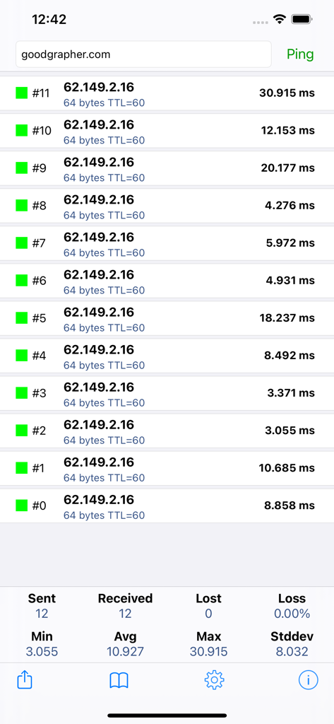 Interface of Ping app showing network latency results and packet loss statistics