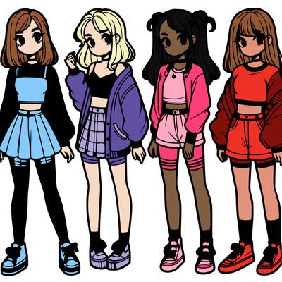 one girl with crop-top shirt and a jacket with a skirt, long socks and another girl with a shirt and pants with a jacket
