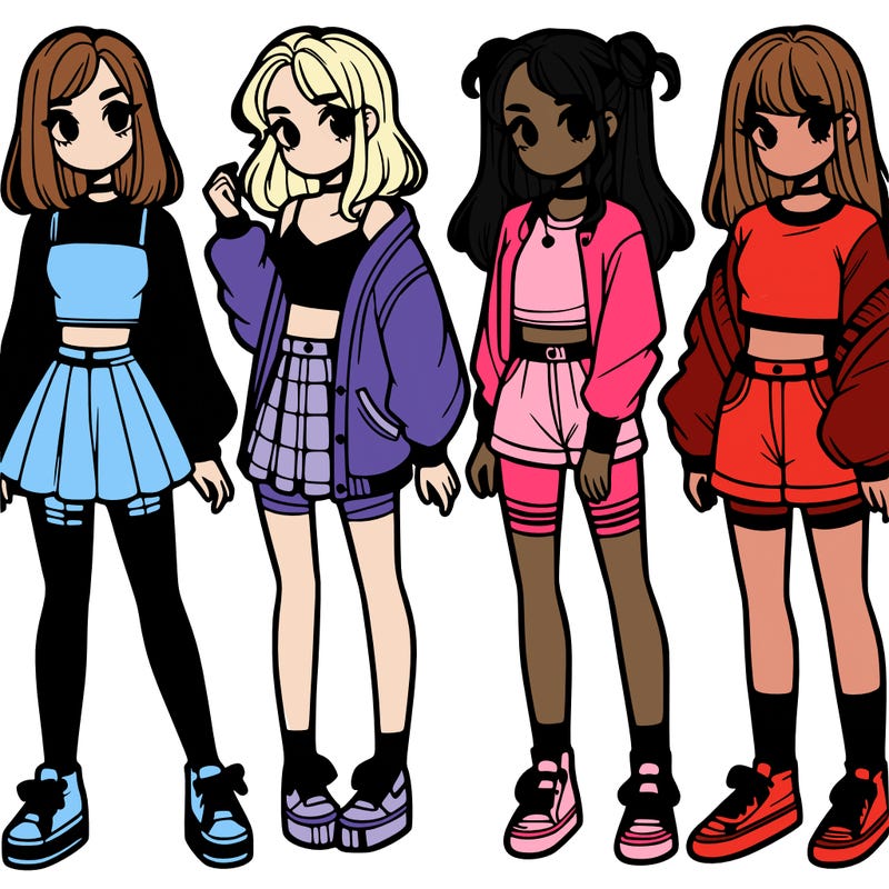 one girl with crop-top shirt and a jacket with a skirt, long socks and another girl with a shirt and pants with a jacket