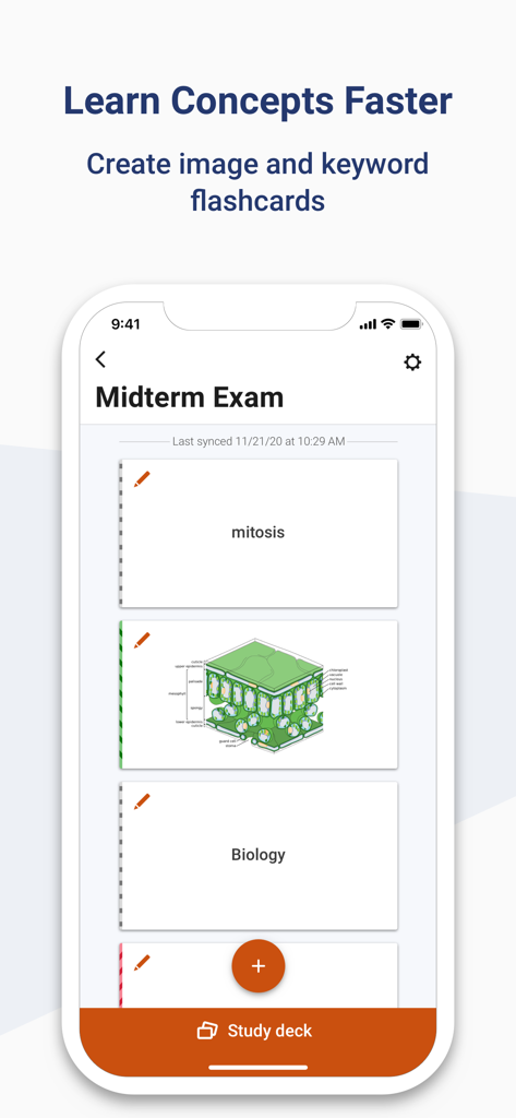 Elsevier eBooks on VitalSource - Interfaz de la aplicación Elsevier eBooks que muestra tarjetas de vocabulario con palabras clave e imágenes para un mazo de estudio del examen parcial de biología