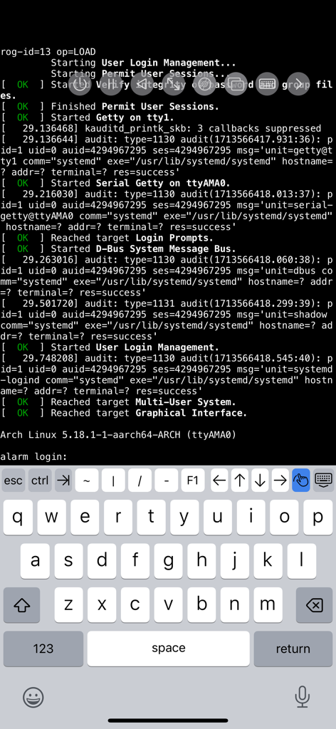 Arch Linux terminal boot process on the UTM SE retro PC emulator app.