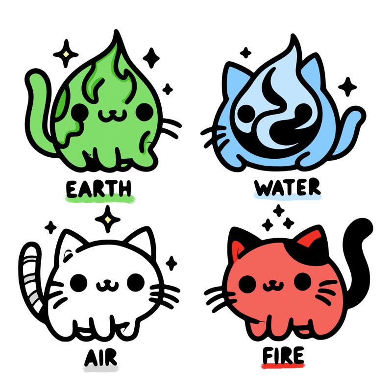 4 cats that represent the different elements, earth, water, air, and fire