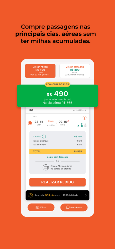 123milhas app interface showing flight price comparison and booking details.