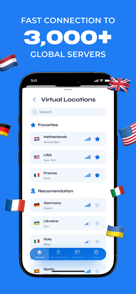 VPN Safe Net app interface showing a list of virtual locations and over 3000 global servers