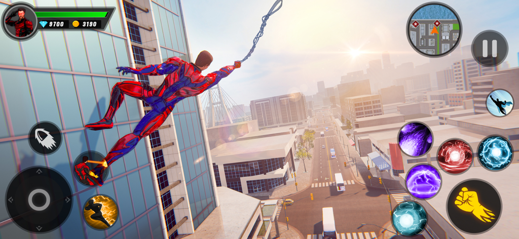 GT Gangster Monster Survival - Ein Superheldencharakter schwingt sich in einer Open-World-Stadt von einem Wolkenkratzer.