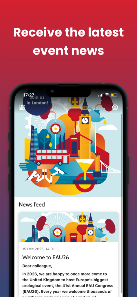 Feed de notícias do aplicativo EAU Urologia mostrando as últimas atualizações de eventos e informações do congresso