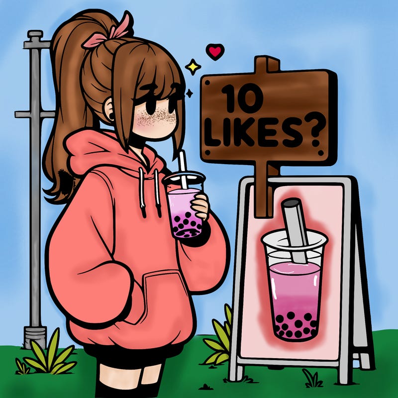 girl with oversized hoodie drinking boba and she has a high ponytail with a sign that says 10likes?