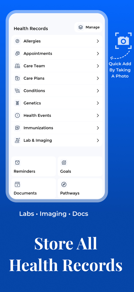 Tracker, Reminder - CareClinic - CareClinic app interface showing organized health records categories like lab results, appointments, and medical documents
