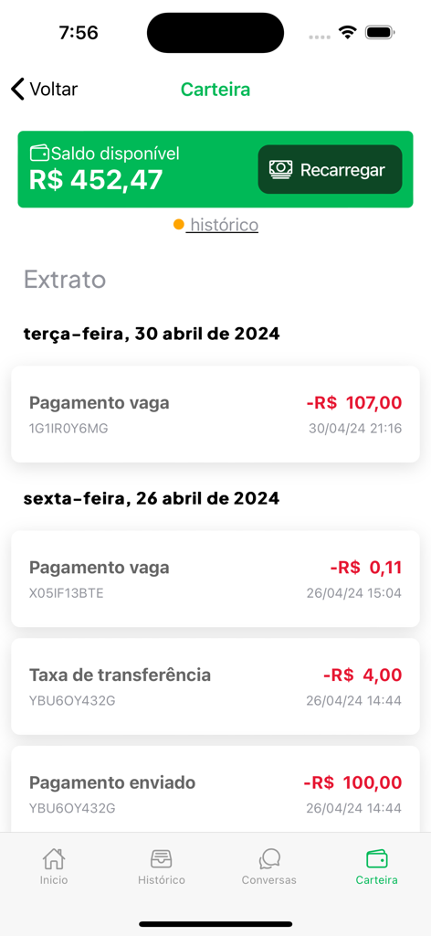 eFreela - Empresas - A mobile app screen showing a digital wallet with a balance in Brazilian Real and a transaction history for freelance payments