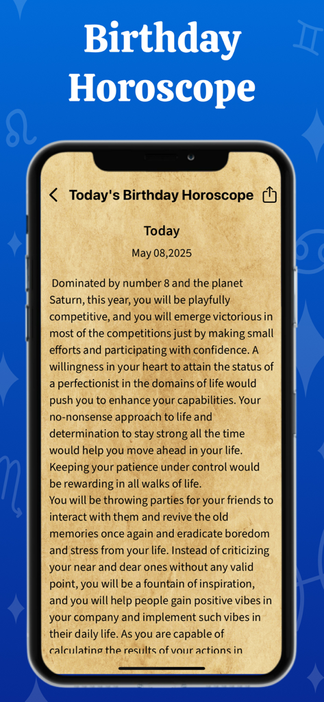 性格と将来のトレンドについての洞察を含む5月8日のパーソナライズされた誕生日星占いを示すモバイル画面