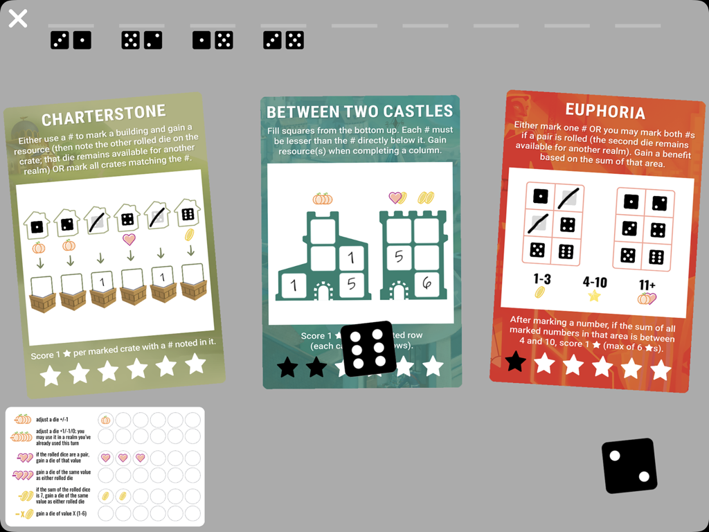 Rolling Realms - Gameplay screenshot of Rolling Realms showing three different realm cards and dice results