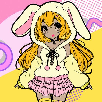 pretty anime girl wearing a fluffy hoodie with bunny ears on the hood and a skirt