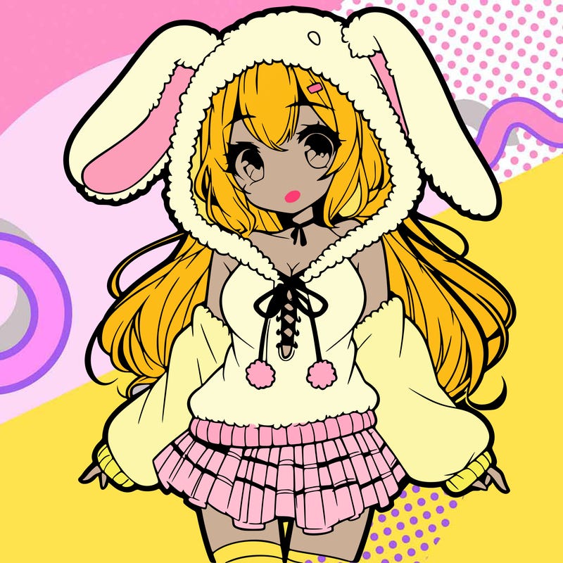 pretty anime girl wearing a fluffy hoodie with bunny ears on the hood and a skirt