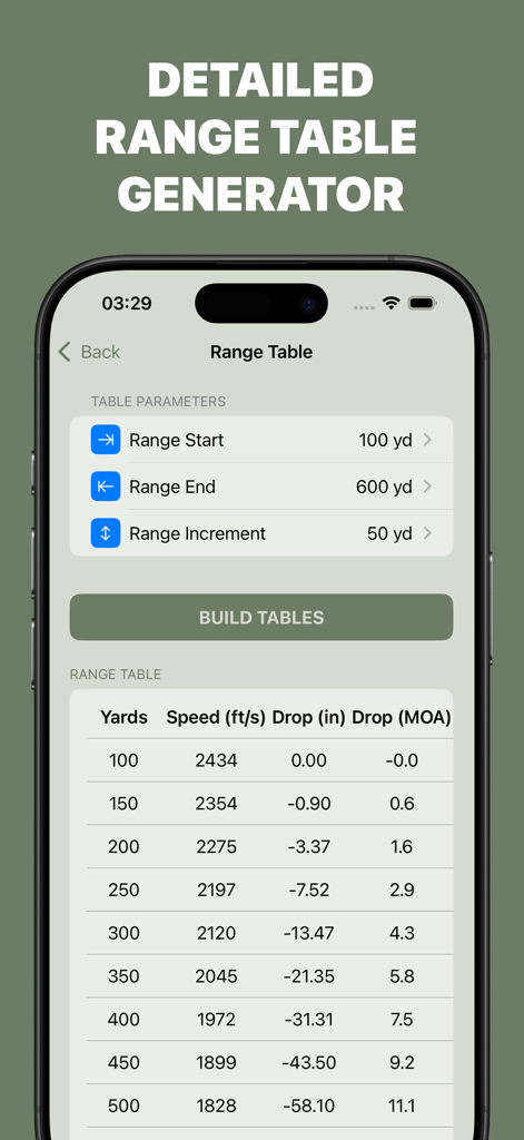 Ballista: Ballistic Calculator - Screenshot dell'app Ballista che mostra una tabella di tiro dettagliata con calcoli della velocità del proiettile e della caduta per il tiro di precisione