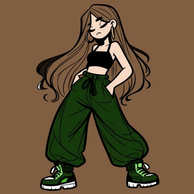 girl in baggy pants crop top and long hair