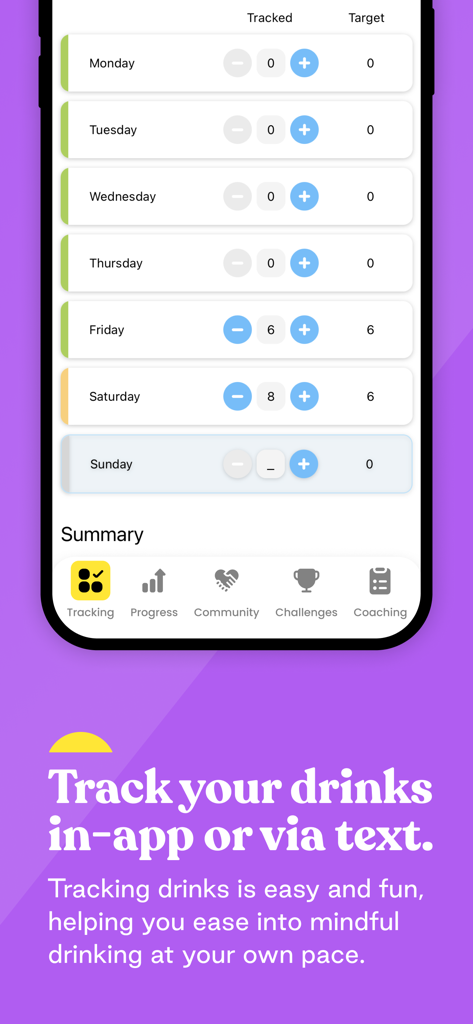 Sunnyside: Drink Less Alcohol - Weekly drink tracking screen in the Sunnyside app showing daily tracked drinks versus targets.