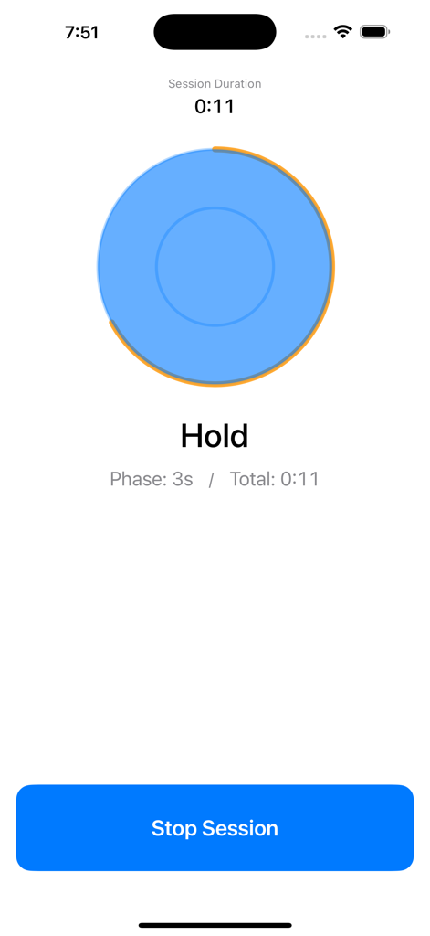 BreathAnchor - Interfaz de la aplicación BreathAnchor que muestra una sesión de respiración en la fase de retención con una guía de progreso circular.