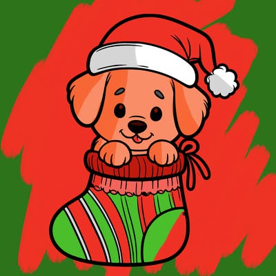 cute puppy wearing santa hat in socking