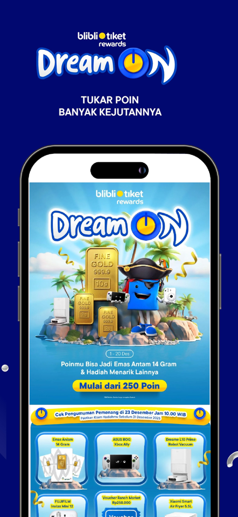 Blibli app screen displaying the Dream On rewards campaign for redeeming points on gold bars and electronics.