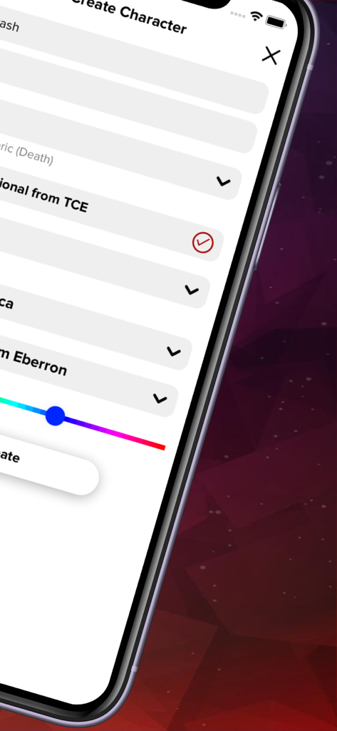 Spells List 5e - Mobile interface for creating a character in Spells List 5e featuring dropdown menus for classes and source books