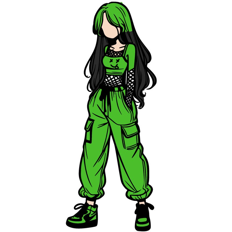 girl in baggy pants crop top and long hair