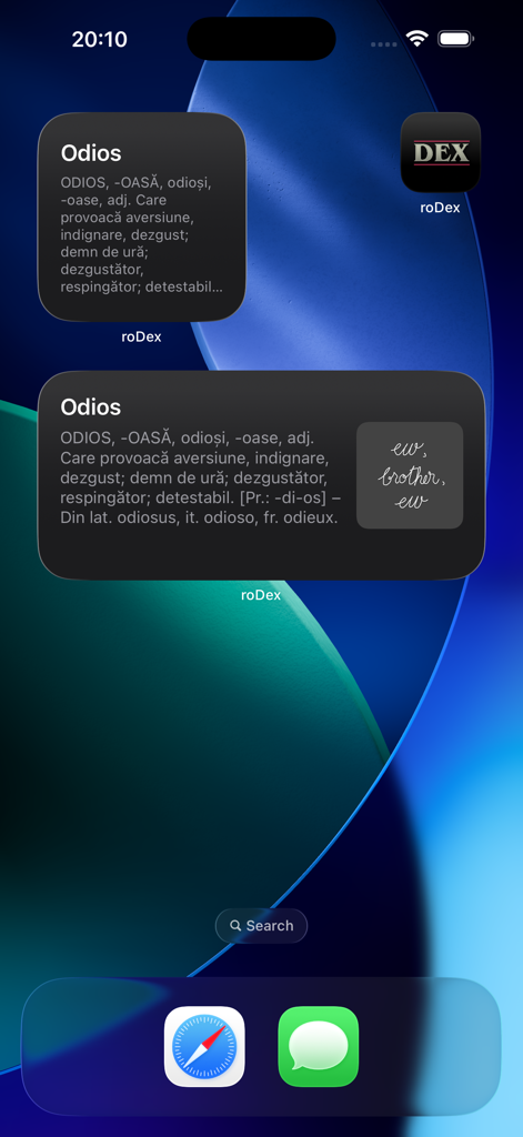 Widgets del diccionario rumano roDex en la pantalla de inicio de iOS mostrando definiciones e ilustraciones de la palabra del día.