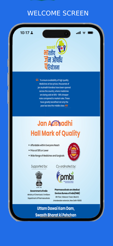 Jan Aushadhi Sugam (PMBI) - Welcome screen of Jan Aushadhi Sugam app featuring Government of India logos and information about affordable generic medicines
